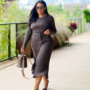 Quince Cotton Cashmere Ribbed Long Sleeve Crew Midi Dress